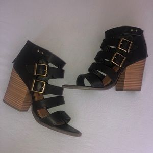 Strappy stacked heels
